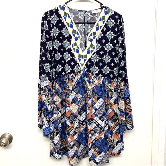 Umgee Boho Embroidery Long Sleeve Tunic Dress - Picture 1 of 7
